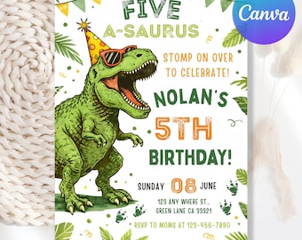 Five A-Saurus Birthday Invitation, Dinosaur Birthday Invitation, T-rex Birthday Invite, Dinosaur 5th Birthday Party Invite, Editable Canva