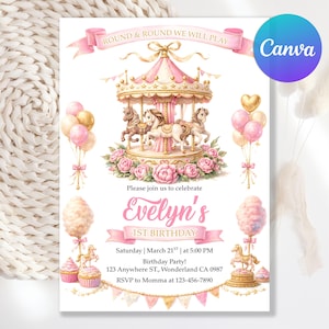Könnte beinhalten: Eine rosa-goldene Geburtstagseinladung mit Karussell-Motiv und dem Text "Round & Round We Will Play". Die Einladung zeigt ein Karussell mit Pferden, Luftballons und dem Namen "Evelyn's" für den 1. Geburtstag.