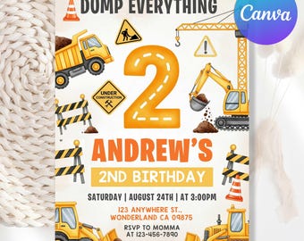 Construction Birthday Invitation, Editable Construction Invitation, Dump Everything Invite, 2nd Birthday Construction, Canva Template