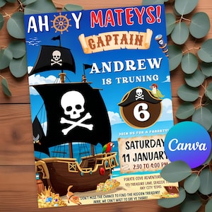 Invitación de cumpleaños pirata, plantilla de invitación editable pirata, invitación de cumpleaños pirata Ahoy Mateys Boy, invitación imprimible de Canva