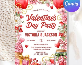 Valentine's Day Invitation, Valentine's Day Party, Galentine's Day Invite, Valentines Heart Dinner Party Card, Editable Canva Template