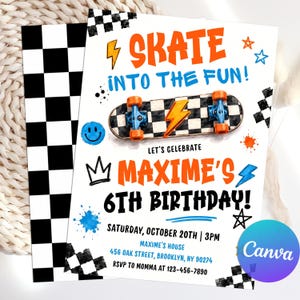 Puede incluir: Una tarjeta de invitación de cumpleaños con un monopatín de patrón de cuadros, rayos naranjas y detalles azules. El texto dice: SKATE INTO THE FUN! LET'S CELEBRATE MAXIME'S 6TH BIRTHDAY! SATURDAY, OCTOBER 20TH, 3PM, 456 OAK STREET, BROOKLYN, NY 90274.