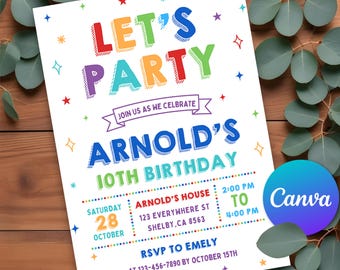 Editable Simple Colorful Birthday Invite, ANY AGE Bright and Ceerful Party, Colorful Invitation Fun Birthday Party, Canva Printable Template