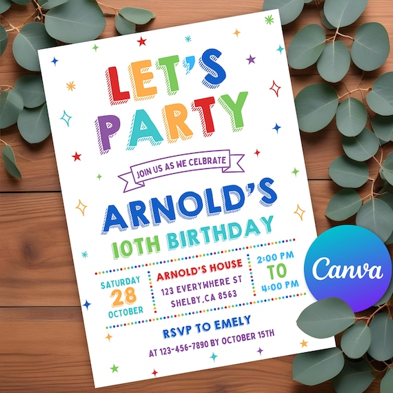 Editable Simple Colorful Birthday Invite, ANY AGE Bright and Ceerful Party, Colorful Invitation Fun Birthday Party, Canva Printable Template