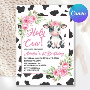 Heilige koe verjaardagsuitnodiging, bewerkbare meisje 1e verjaardag uitnodigen, heilige koe uitnodiging, cowgirl party, meisje eerste verjaardag, canva sjabloon