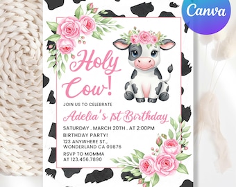 Faire-part d'anniversaire vache sacrée, 1er anniversaire de fille modifiable, invitation vache sacrée, fête de cow-girl, premier anniversaire de fille, modèle de toile