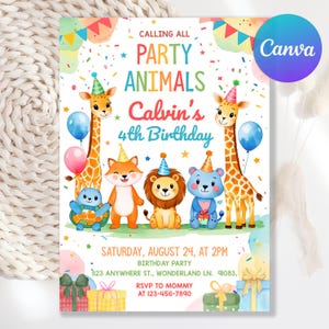 Może przedstawiać: Kolorowe zaproszenie urodzinowe z tekstem "Calling All Party Animals" i "Calvin's 4th Birthday." Projekt przedstawia zwierzęta z kreskówek, balony i konfetti. Zaproszenie zawiera datę, godzinę i informacje RSVP.