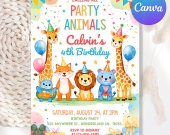 Editable Calling All Party Animals Birthday Invitation, Animal Party Kids Birthday Invite, Animal Safari Birthday Party, Canva Template