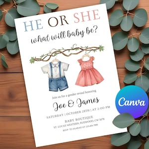 Editable Clothesline Gender Reveal Invitation, Minimalist Gender Reval Baby Clothes Gender Reveal Invitation, Canva Invitation Template