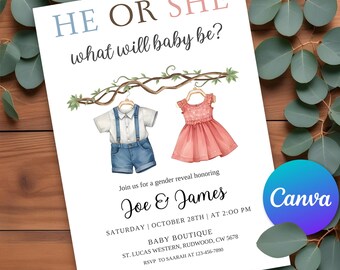 Editable Clothesline Gender Reveal Invitation, Minimalist Gender Reval Baby Clothes Gender Reveal Invitation, Canva Invitation Template