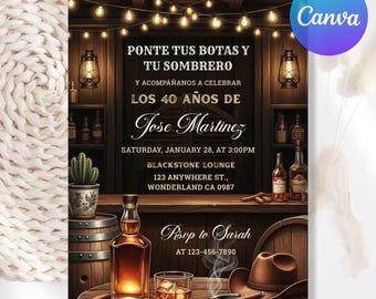 Invitación de vaquero mexicano español para hombre adulto, invitación de cumpleaños de vaquero de madera rústica con cactus, invitación de cumpleaños mexicana occidental para adulto editable en Canva
