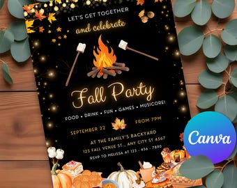 May include: Fall party invitation with a campfire, marshmallows, and autumn leaves on a black background. The text reads "Let's get together and celebrate Fall Party" with details about the event, including the date, time, location, and RSVP information.