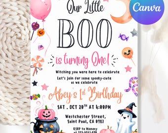 編集可能な「Our Little Boo」のハロウィン誕生日招待状、ピンクのハロウィン1歳の誕生日招待状、かわいいゴースト1歳の誕生日招待状、Canvaテンプレート