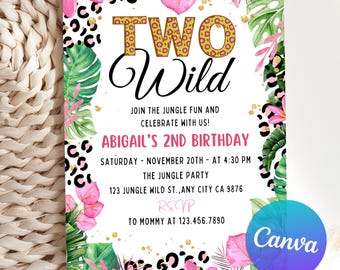 Editable Two Wild Leopard Print Invitation, Jungle Birthday Party Invitation, Leopard Print Safari 2nd Birthday Canva Invitation Template
