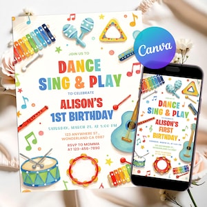 Peut inclure: Une invitation d'anniversaire colorée avec des instruments de musique et le texte "Dance, Sing & Play" pour le 1er anniversaire d'Alison. Le design comprend une guitare, des maracas, un xylophone et un tambour. Un smartphone affiche la même invitation.