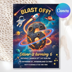 以下が含まれることがあります： 「BLAST OFF!」と「Oliver is turning 6」のテキストが入った、宇宙をテーマにした誕生日招待状。宇宙飛行士、ロケット、惑星、岩でできた大きな数字の6がデザインされています。