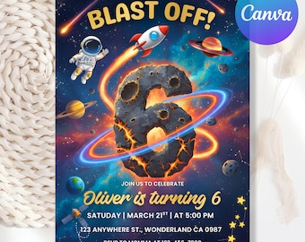 6th Space Birthday Invitation, Neon Space Birthday Invitation, Astronaut Outer Space Birthday Invite, Galaxy Party Invitation Editable Canva
