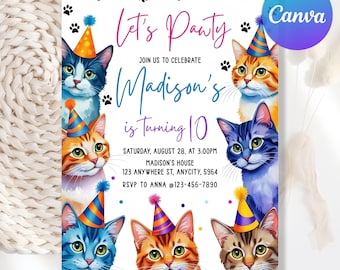 Invito di compleanno per gatti modificabile, invito di compleanno per gatti carini, festa di compleanno per gattini, facciamo festa, sei un gattino, modello Canva