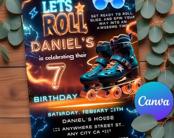 May include: A neon-colored birthday invitation for a 7-year-old boy named Daniel. The invitation features a roller skate, a star, and the text "Let's Roll Daniel's is celebrating their 7th Birthday". The invitation also includes the date, time, and location of the party.