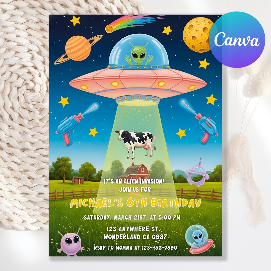 Alien Birthday Party Invitation, UFO Outer Space Birthday Invite, Alien ...
