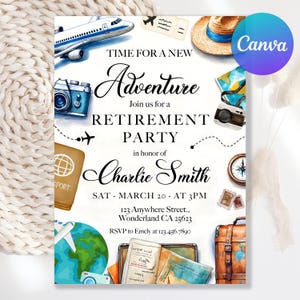Puede incluir: Una invitación en acuarela para una fiesta de jubilación, con ilustraciones de temática de viajes. El diseño incluye un avión, una cámara, un pasaporte, un mapa y una maleta. El texto incluye los detalles de la fiesta.