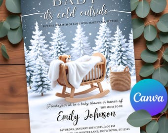 Baby it's Cold Outside Winter Baby Shower Invitation, Baby Its Cold Outside Gender Neutral Baby Shower Canva Editable Invitation Template