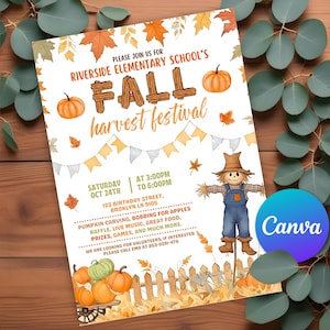 Invitación editable al festival de otoño, festival de la cosecha, invitación a la fiesta de otoño, invitación al festival de otoño de la iglesia, calabazas, plantilla imprimible de Canva