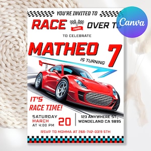 Editable Race Car Birthday Invitation, Racecar Boy Birthday Invite, Sport Race Car Invite, Boys Invitation, Go Kart Birthday, Canva Template
