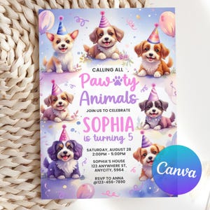 Op de afbeelding: Een kleurrijke uitnodiging met cartoonpuppy's met feesthoeden. De tekst luidt "Calling All Pawty Animals" en "Sophia wordt 5." Bevat evenementdetails: datum, tijd, locatie en RSVP-informatie. Ballonnen en confetti versieren de achtergrond.