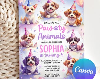 Bewerkbare uitnodiging voor verjaardagsfeestje honden, hond uitnodiging, puppy verjaardagsfeestje, Let's Pawty Animals feestuitnodiging, afdrukbare Canva-sjabloon