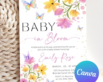 Editable Baby in Bloom Baby Shower Invitation, Flower Baby Shower Invitation, Wildflowers Spring Flowers Baby Shower Invite, Canva Template