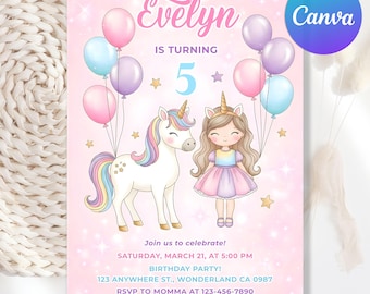 May include: A pink birthday party invitation featuring a unicorn, a girl with a unicorn horn, and balloons. The invitation says "Evelyn is turning 5" and includes party details. The Canva logo is in the upper right corner.