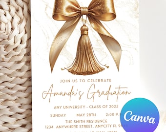 May include: Gold graduation invitation featuring a gold bow and tassel. The invitation reads "Join us to celebrate Amanda's Graduation, Any University - Class of 2025, Sunday, May 28th, 2:00 PM, The Smith Residence, 1234 Anywhere Street, Anycity FL 9865, RSVP to Camila at (555) 43210".