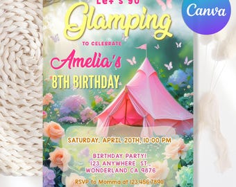 Editable Girls Glamping Birthday Invitation, Sleepover Party Invitation, Camping Invitation, Glamping Sleepover Invitation, Canva Template