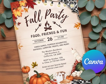 May include: Fall party invitation with a rustic wood background. The invitation features a campfire, pumpkins, and a s'more. The text reads "Fall Party, Food, Friends & Fun, October 26, 3-5 PM, Yards Games, Pumpkin Decorating, Hayrides, Campfire Treats, and More! The Western Residence, 568 Anywhere st, California, CA 5689, RSVP by October 10th to Chloe at 759-841-0236, Break out your favorite flannel and bring a lawn chair!"
