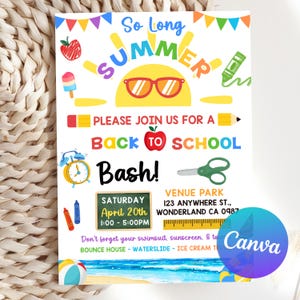 Invitación editable para fiesta de regreso a clases, fiesta de fin de curso, fiesta de fin de verano, plantilla de invitación de Canva