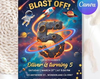 5th Space Birthday Invitation, Neon Space Birthday Invitation, Astronaut Outer Space Birthday Invite, Galaxy Party Invitation Editable Canva