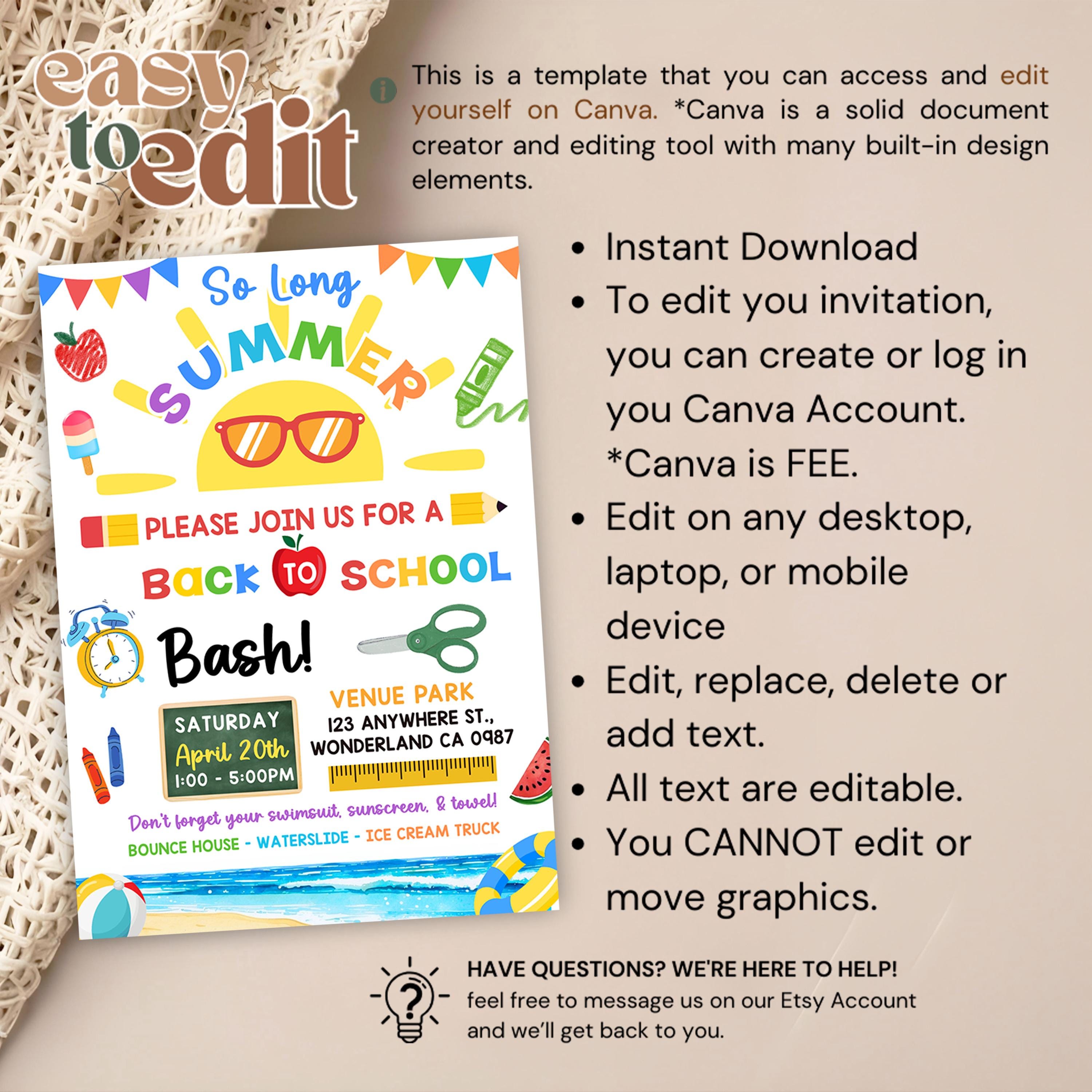 Editable Back to School Party Invitation, Schools Out Party Invitation, so  Long Summer Bash, End of Summer Party, Canva Invitation Template - Etsy, image size:3000x3000