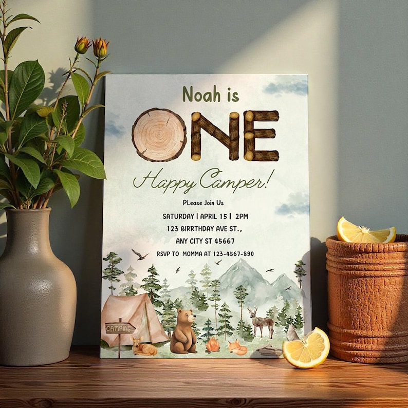 boy happy camper,1st birthday evite,camper 1st birthday,camping 1st birthday,camp first birthday,Camping invitation,camp birthday theme,Lumberjack birthday,Lumberjack party,One happy camper,1st birthday invite,tent and mountains,editable invitation
