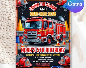 Feuerwehr-Einladung, Feuerwehr-Einladung, Feuerwehr-Einladung Geburtstag einladen, Feuerwehr-Einladung Junge-Einladung, Canva-Vorlage