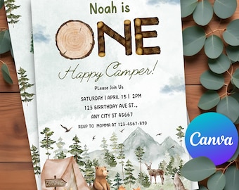 Editable One Happy Camper Invitation, Camping Birthday Invite, Boy Happy Camper 1st Birthday, Camping 1st Birthday, Canva Printable Template