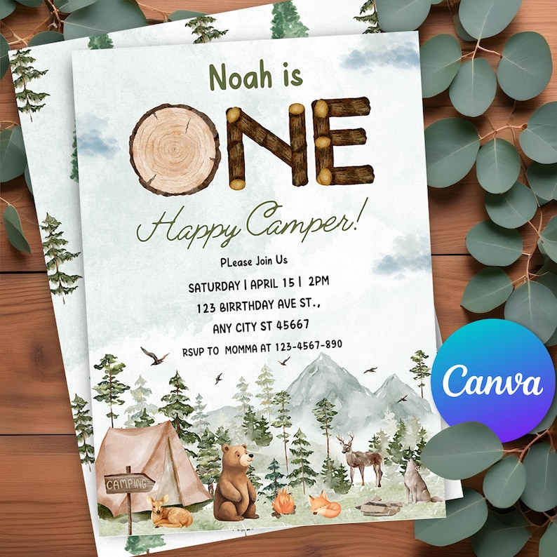 boy happy camper,1st birthday evite,camper 1st birthday,camping 1st birthday,camp first birthday,Camping invitation,camp birthday theme,Lumberjack birthday,Lumberjack party,One happy camper,1st birthday invite,tent and mountains,editable invitation