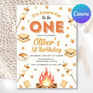 May include: A birthday invitation with a camping theme. The invitation features the text "It's S'more Fun to be ONE" and "Oliver's 1st Birthday". Illustrations include marshmallows, graham crackers, and a campfire. The date and time are also included.