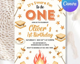 Edytowalne zaproszenie na urodziny S'mores, zaproszenie na ognisko, urodziny na kempingu, S'more Fun to Be One Backyard Bonfire Party, szablon Canva