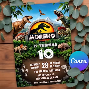 Bearbeitbare Dinosaurier-Partyeinladung, Dino-Geburtstagsfeier für Jungen, Dinosaurier-Welt laden ein Jurassic World 3.5., T-Rex Party laden Canva-Vorlage ein