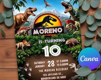 May include: A green, brown, and blue dinosaur-themed birthday party invitation with a Jurassic Park-inspired logo. The invitation says "Moreno is turning 10" and includes the date, time, and location of the party. RSVP information is also included.