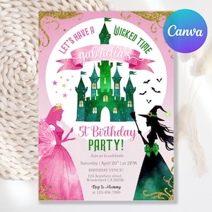 Könnte beinhalten: Rosa und grüne Geburtstagseinladung mit Schloss, Fee und Hexensilhouette. Die Einladung lautet "Let's Have a Wicked Time, Gabriella's 5th Birthday Party!" mit Veranstaltungsdetails und einem "Canva"-Logo.