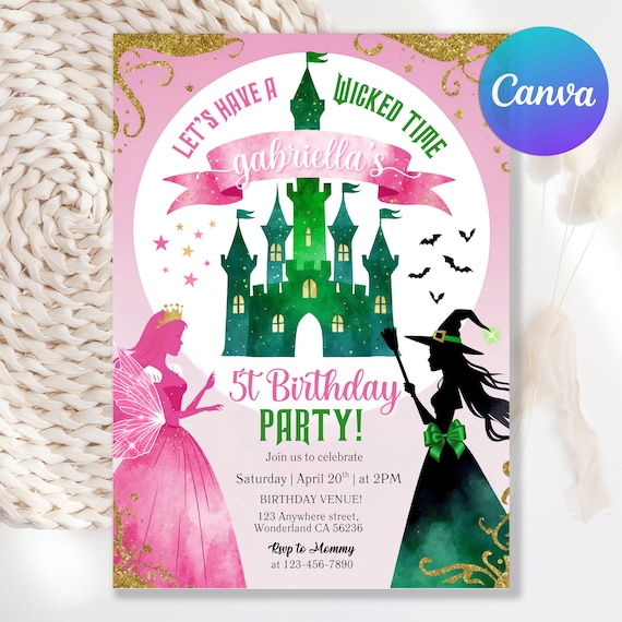 Editable Wicked Birthday Party Invitation, Wicked party invitation, Movie party, Pink and Green Themed Birthday Party, Canva Template