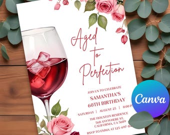 Editable Aged to Perfection Invitation, Wine Birthday Invitation, Fine like Wine Floral Women Invitation, Canva Invitation Template