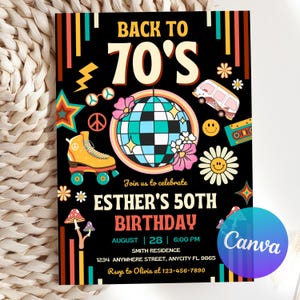 Bewerkbare 70s verjaardagsuitnodiging voor feest, terug naar de jaren 70 80s 90s verjaardagsuitnodiging, retro jaren 70 thema verjaardag, afdrukbare canvas sjabloon